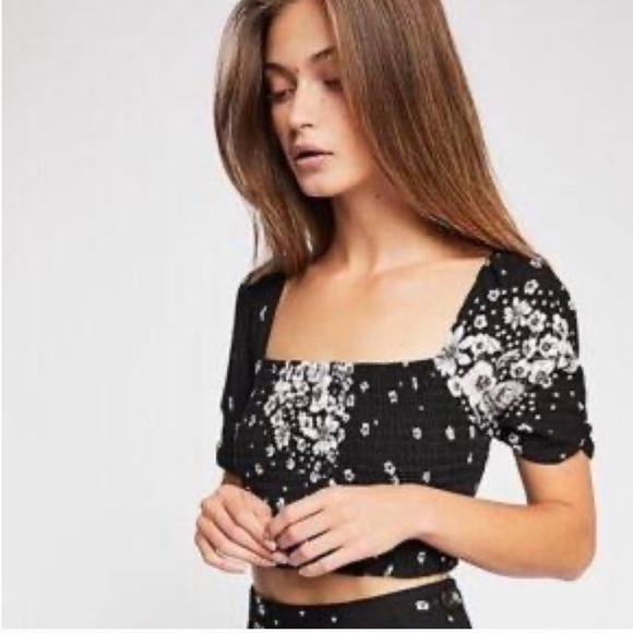 Free People Tops - Free People Bare with me floral ribbed crop top Black and White